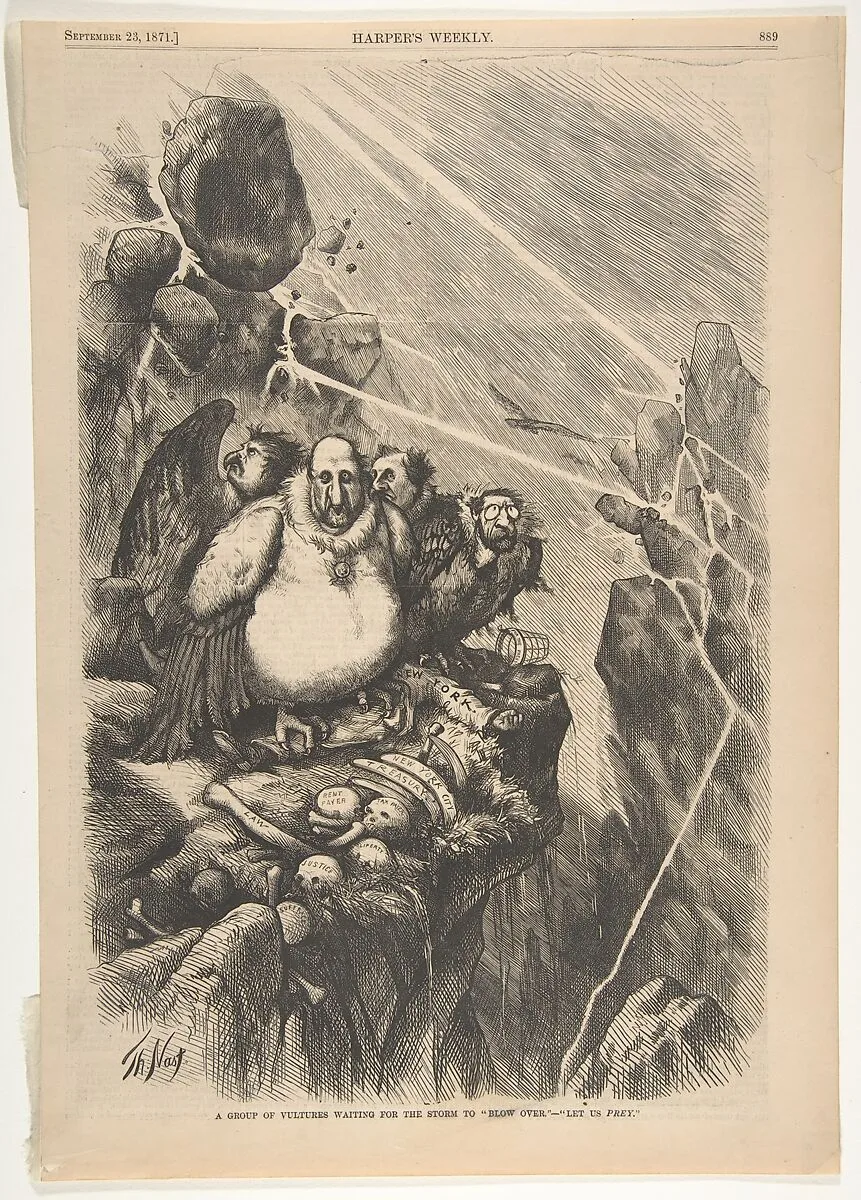 A Group of Vultures Waiting for the Storm to "Blow Over"–"Let Us Prey" (from "Harper's Weekly," vol. 15, p. 889) — Thomas Nast|Harper's Weekly