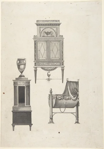 Design for furniture in a variation on the style of Thomas Sheraton, a desk or bookcase, a plate-warmer (?) pedestal, and a cradle