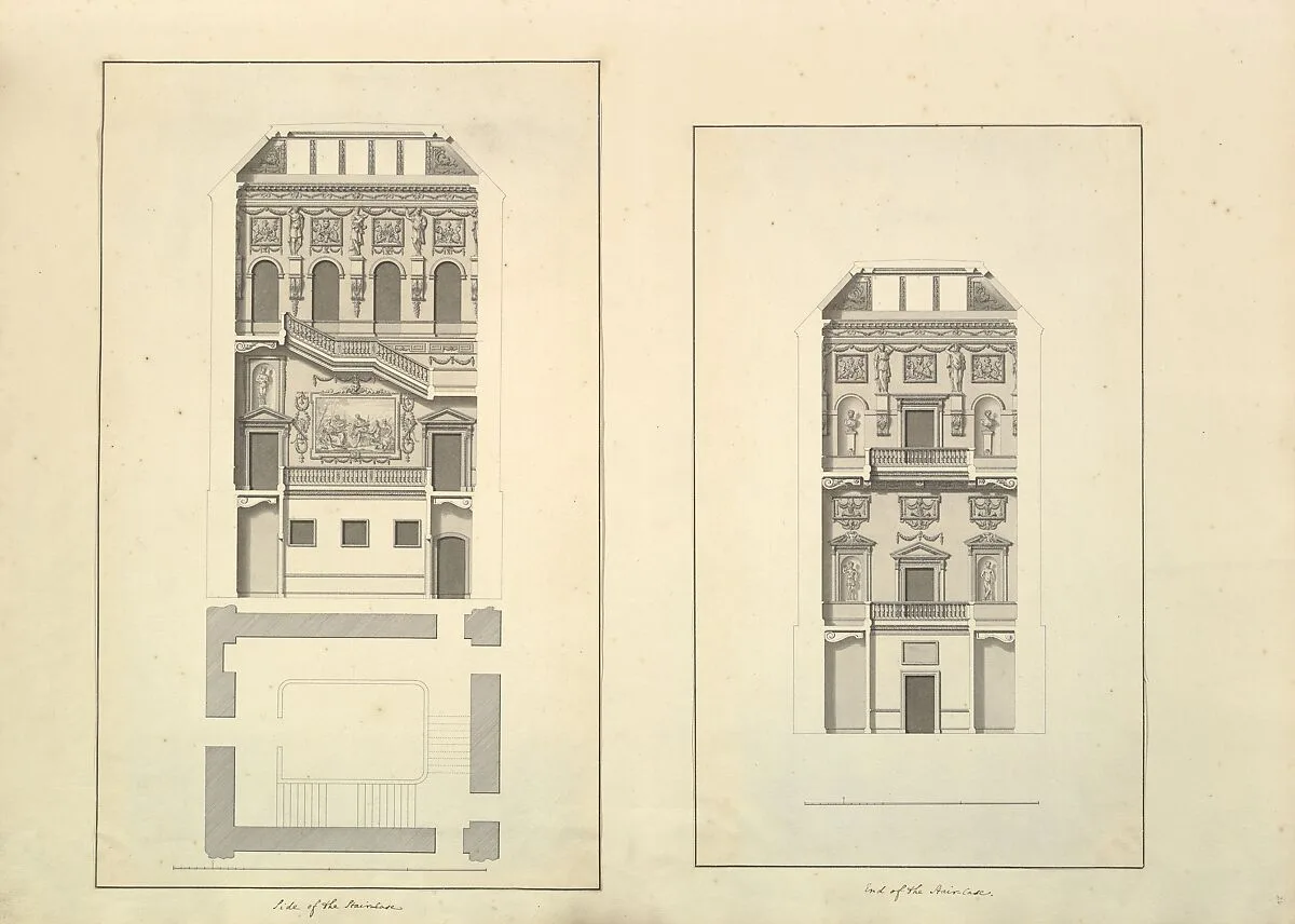 Leaf from Aedes Walpolianae mounted with two drawings (a): Side of the Staircase, Houghton Hall, Norfolk, Elevation; (b): End of Staircase, Houghton Hall, Norfolk — Isaac Ware