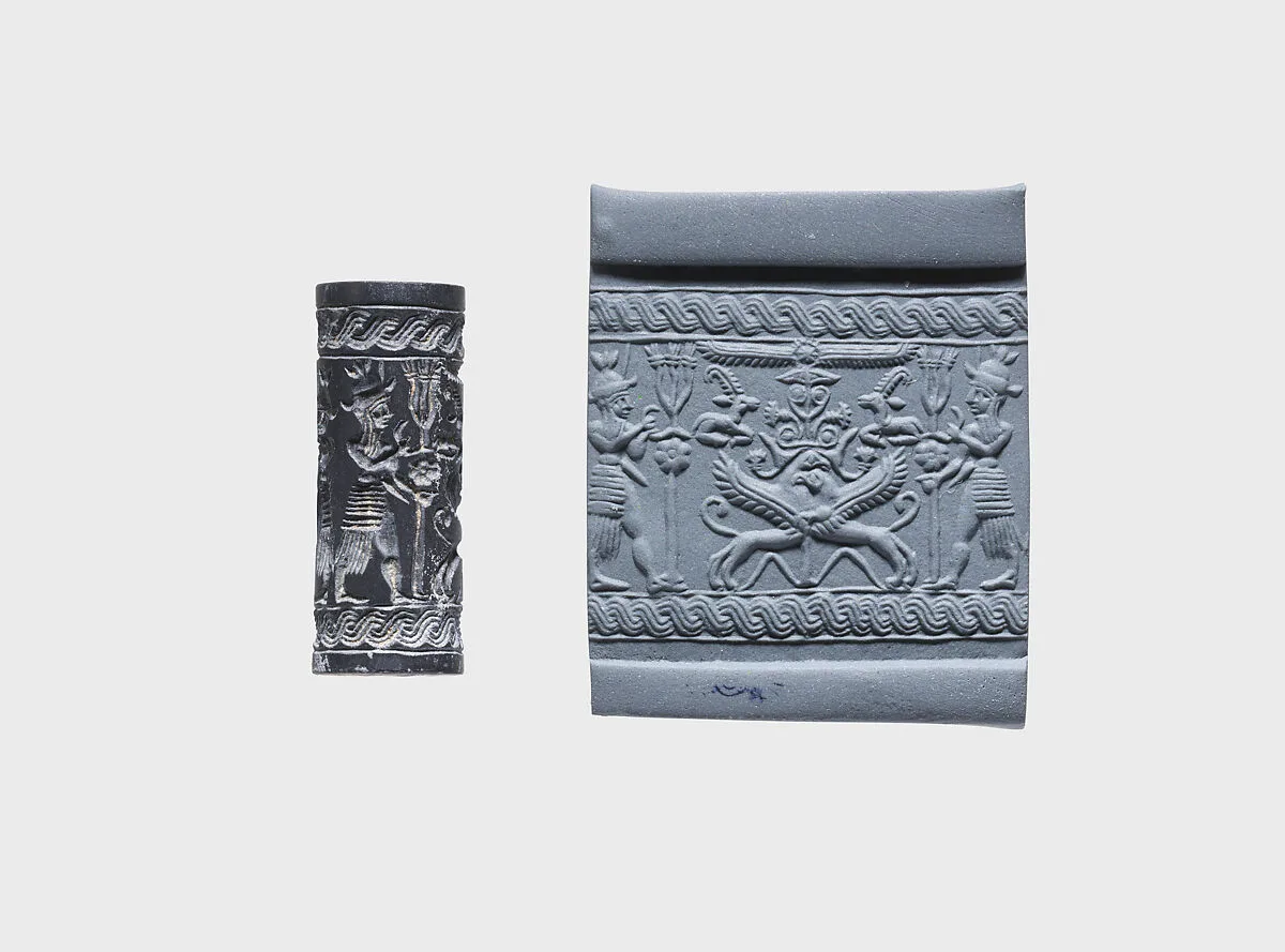 Cylinder seal and modern impression: weather gods framing heraldic griffins at tree below winged sun disc and ibexes — Unknown