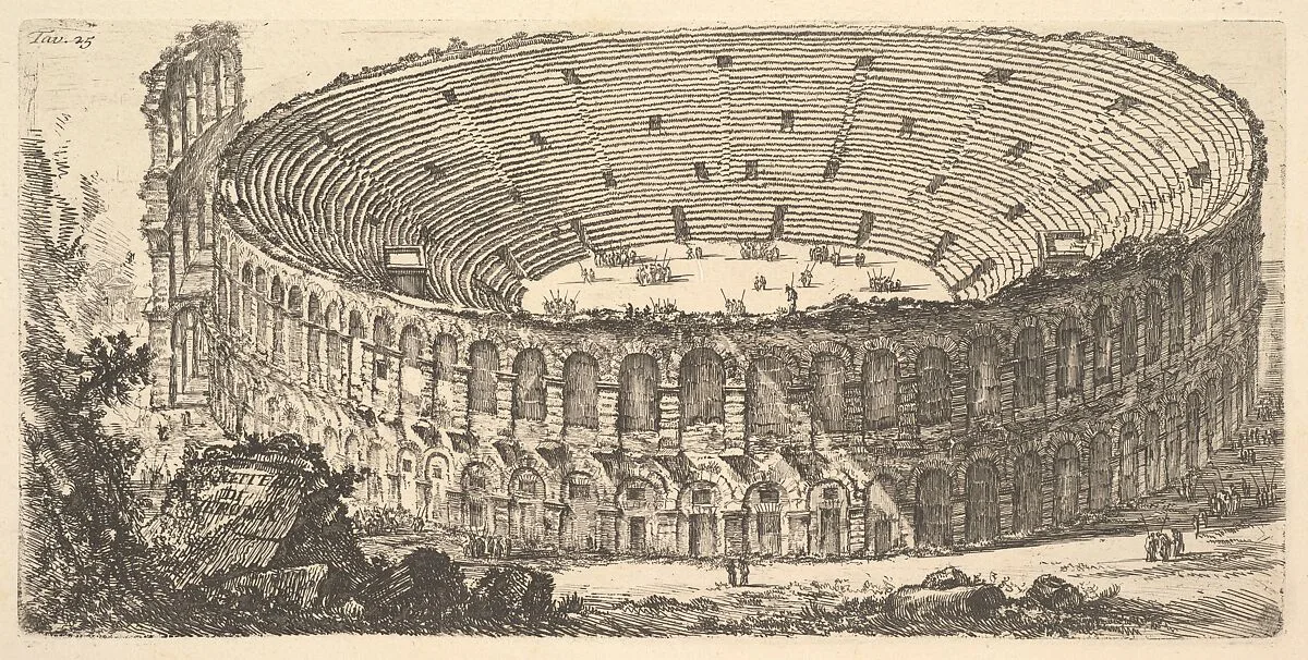 Plate 25: Amphitheater of Verona (Anfiteatro di Verona), from "Alcune Vedute di Archi Trionfali ed altri monumenti inalzati da Romani parte di quali se veggono in Roma e parte per l'Italia" (Some Views of Triumphal Arches and other monuments erected by the Romans, some of which are in Rome and some elsewhere in Italy) — Giovanni Battista Piranesi