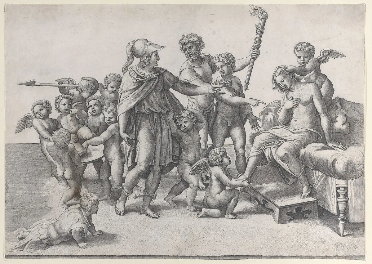 The marriage of Alexander and Roxana; Alexander surrounded by putti, offering a crown to Roxana who is seated at right — Giovanni Jacopo Caraglio|Raphael (Raffaello Sanzio or Santi)