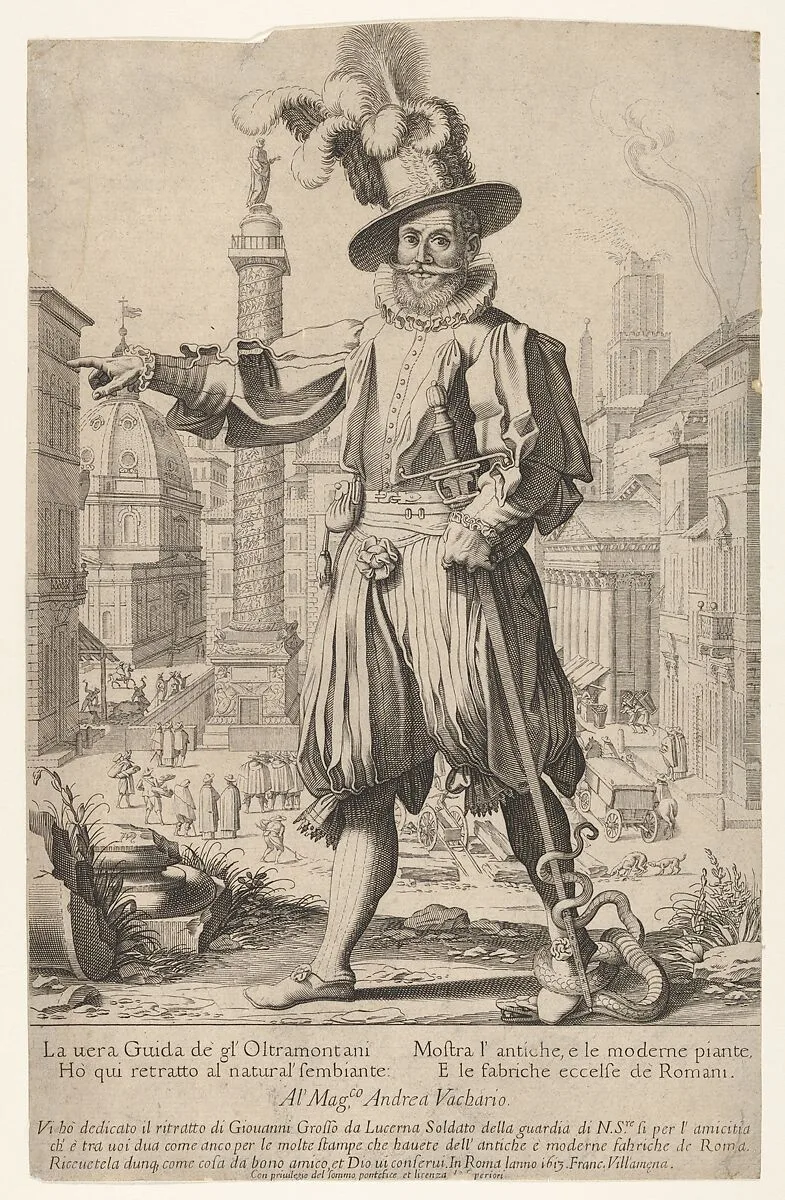 Giovanni Grosso standing on the Quirinal Hill in Rome, with his right arm outstretched and a snake coiled around his foot and sword — Francesco Villamena