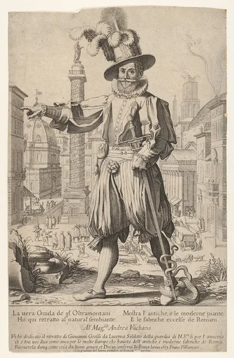 Giovanni Grosso standing on the Quirinal Hill in Rome, with his right arm outstretched and a snake coiled around his foot and sword