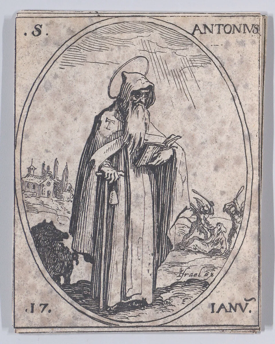 S. Antoine (St. Anthony), January 17th, from "Les Images De Tous Les Saincts et Saintes de L'Année" (Images of All of the Saints and Feast Days of the Year) — Jacques Callot|Israël Henriet