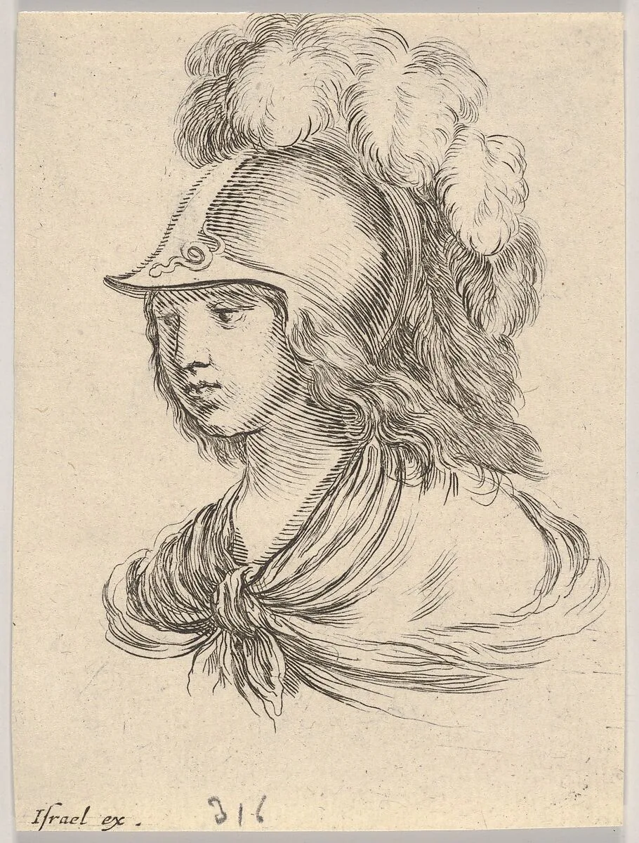 Plate 9: bust of Minerva, wearing a helmet with feathers, looking towards the left, from 'Various heads and figures' (Diverses têtes et figures) — Stefano della Bella|Israël Henriet