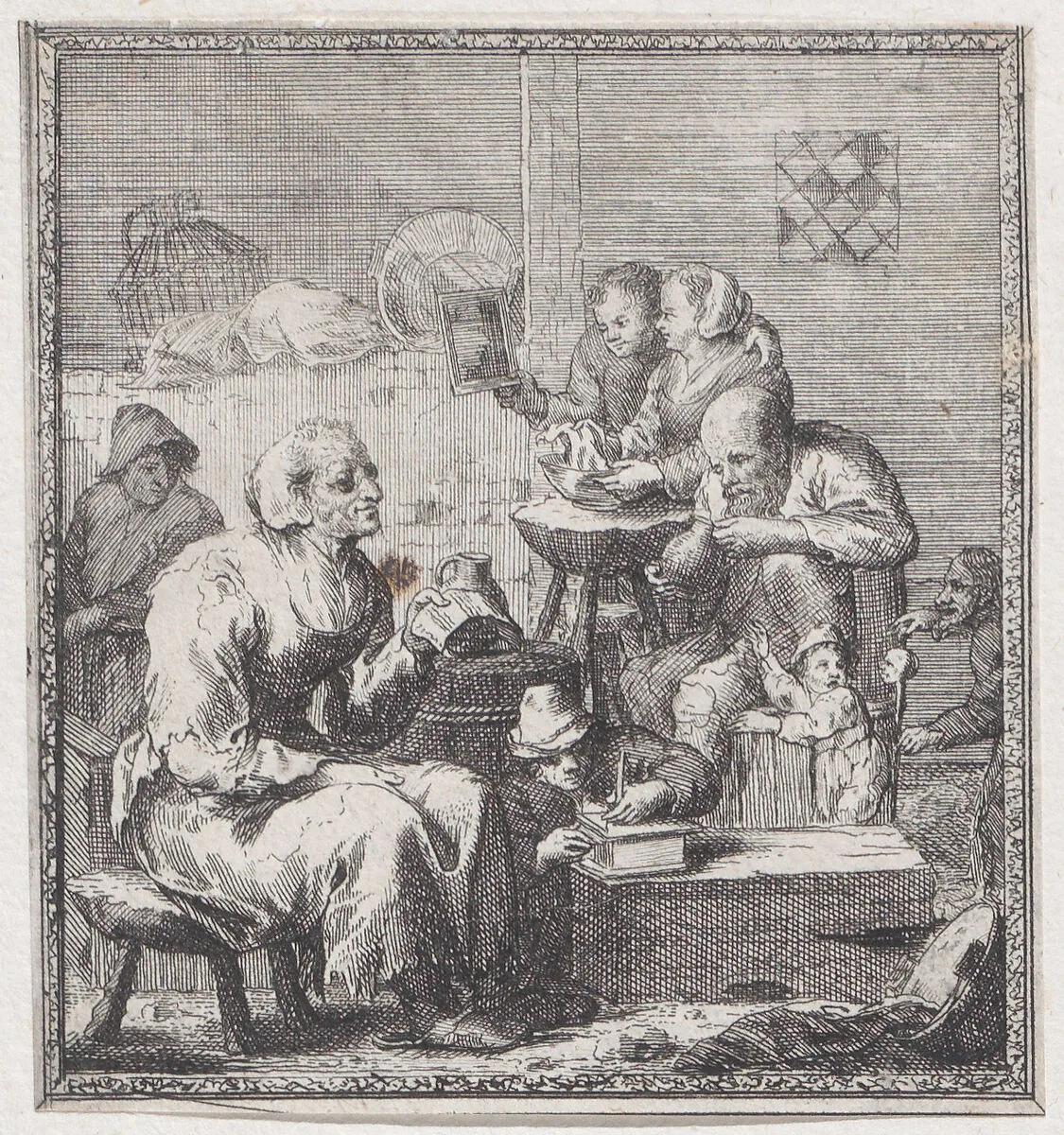 Eight peasants in a rustic interior — Jacques Dassonville
