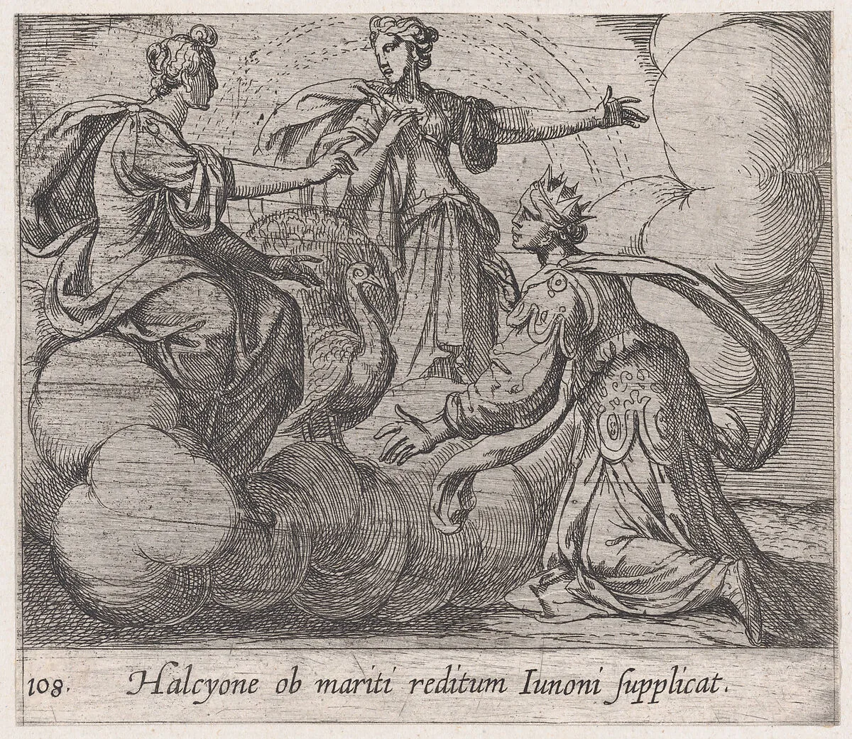 Plate 108: Alcyone Offering Prayers to Juno (Halcyone ob mariti reditum Iunoni supplicat), from Ovid's 'Metamorphoses' — Antonio Tempesta