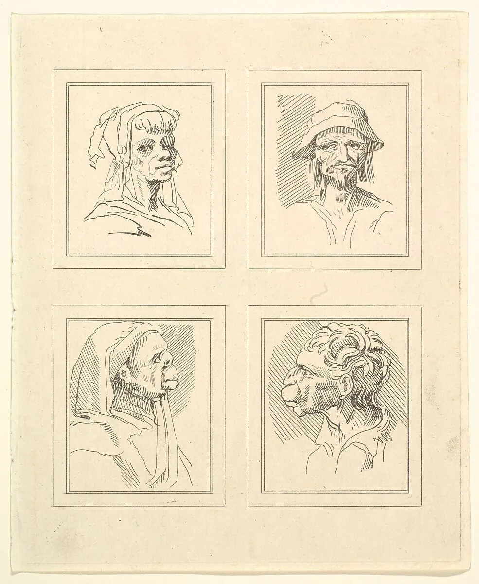 Four Heads (from Characaturas by Leonardo da Vinci, from Drawings by Wincelslaus Hollar, out of the Portland Museum) — Leonardo da Vinci|John Clarke|Wenceslaus Hollar