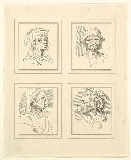 Four Heads (from Characaturas by Leonardo da Vinci, from Drawings by Wincelslaus Hollar, out of the Portland Museum)