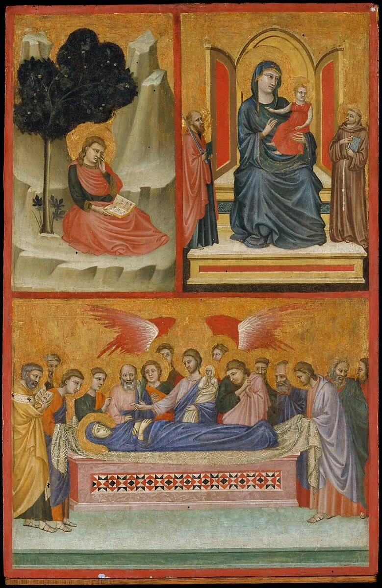 Saint John on Patmos, Madonna and Child Enthroned, and Death of the Virgin; The Crucifixion — Pacino di Bonaguida