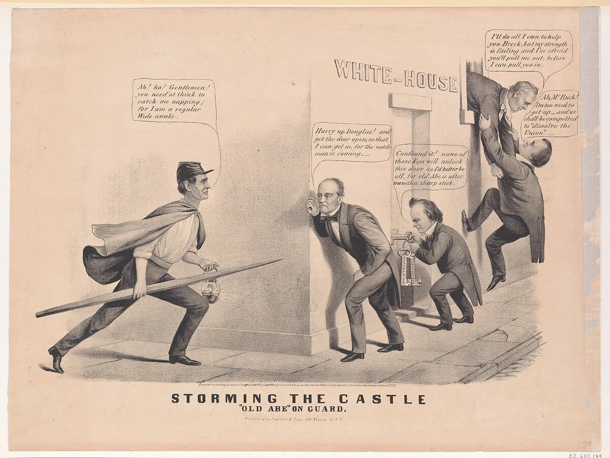 Storming the Castle – "Old "Abe" on Guard — Abraham Lincoln|John Bell|John C. Breckinridge|Currier & Ives|James Buchanan, Jr.|Stephen Arnold Douglas