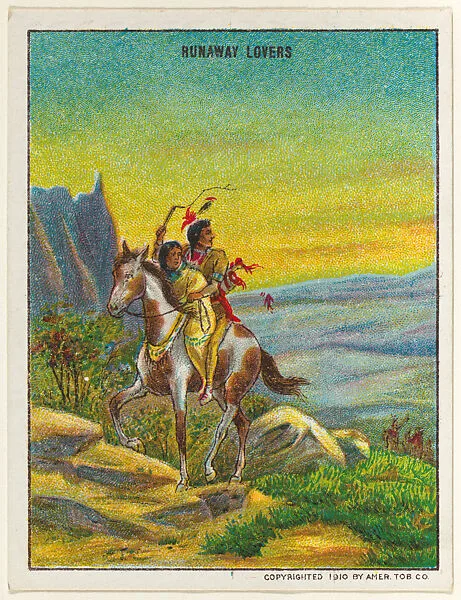 Runaway Lovers, from the "Indian Life in the 60's" series (T73), issued with Hassan Cork Tip Cigarettes by the American Tobacco Company — American Tobacco Company