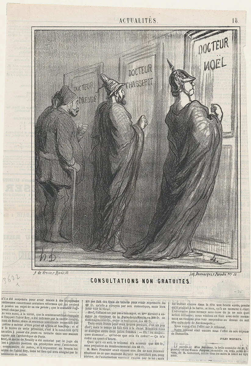 Consultations that are not free of charge, from 'News of the day,' published in Le Charivari, February 3, 1868 — Destouches|Honoré Daumier|Arnaud de Vresse