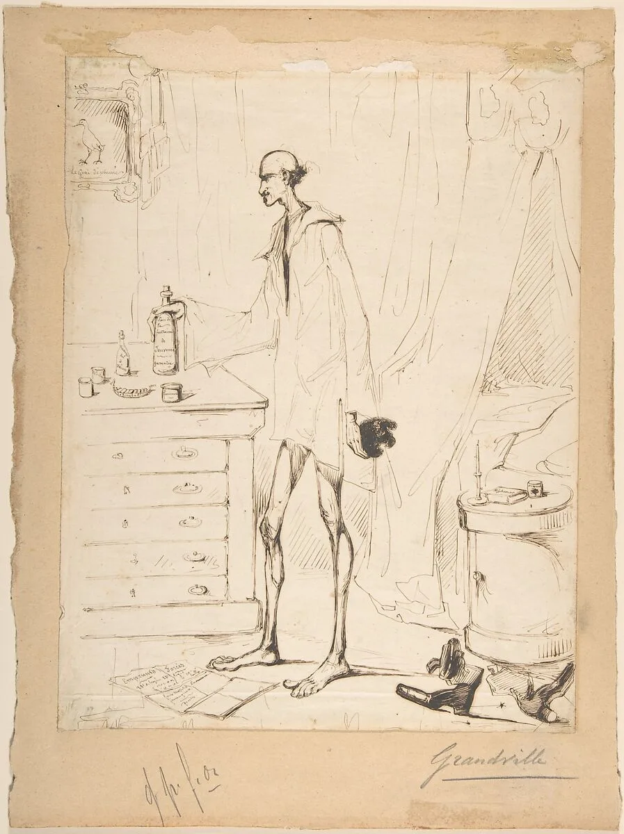 Man in a Nightshirt Reaching for a Bottle Labeled "Fountain of Youth" — J. J. Grandville
