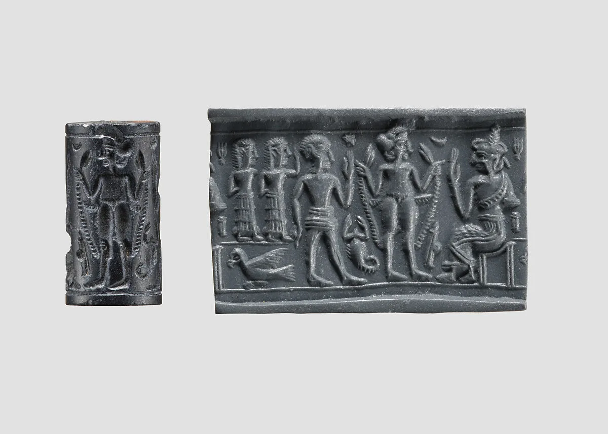 Cylinder seal and modern impression: nude goddess before seated deity — Unknown