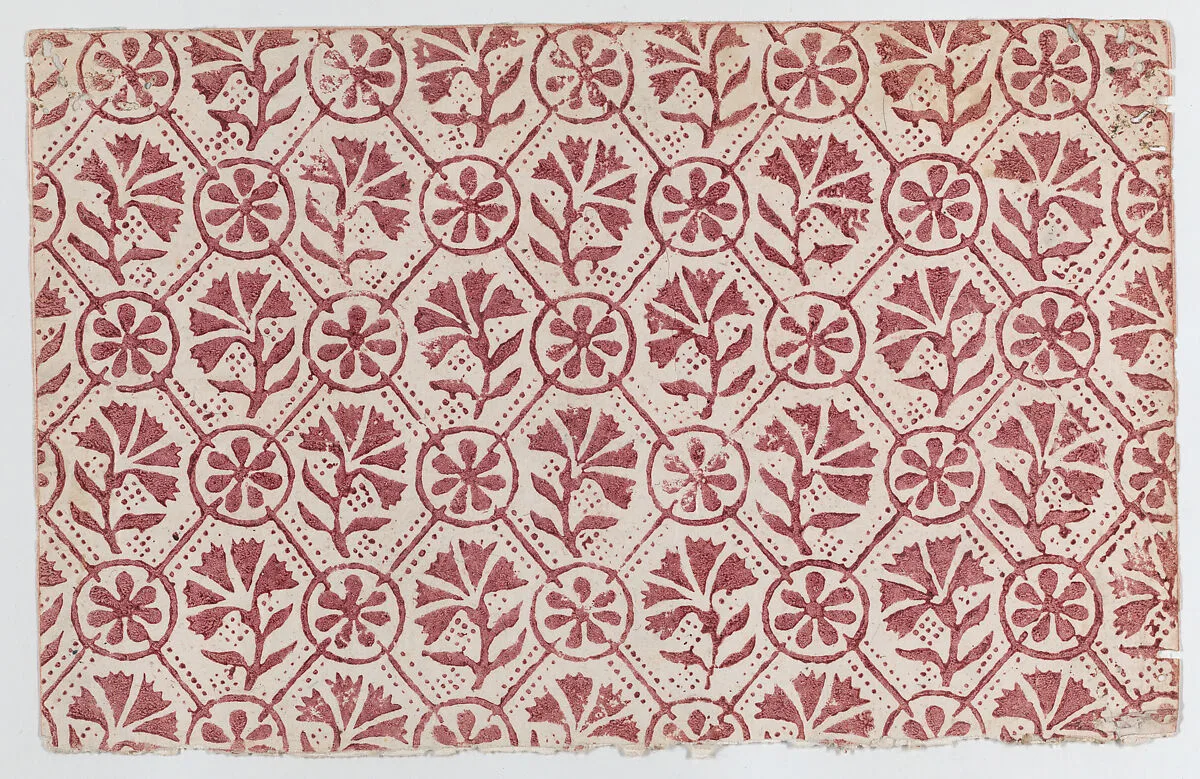 Sheet with overall red geometric and floral pattern — Anonymous