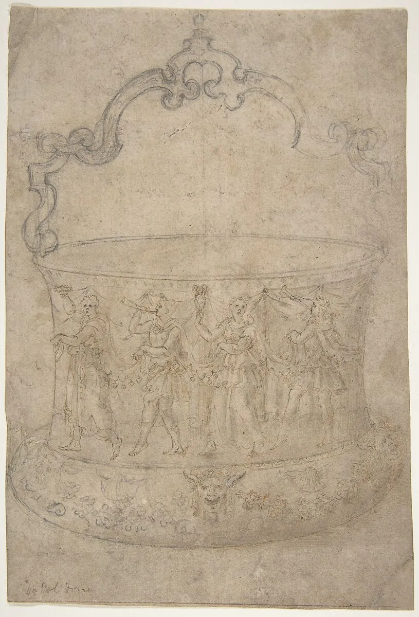Design for a Bucket-Like Vessel with a Handle of Strapwork, on a Body Adorned with Dancing and Music-Making Antique-Style Figures — Girolamo Genga