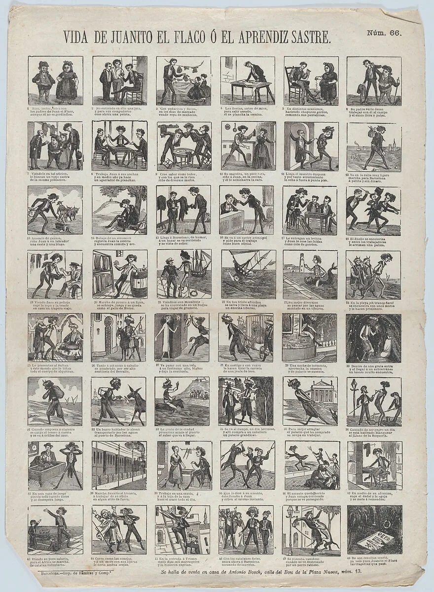 Broadside with 48 scenes relating to the life of Juanito the Skinny one, or, the apprentice tailor — Narciso Ramirez|Antonio Bosch