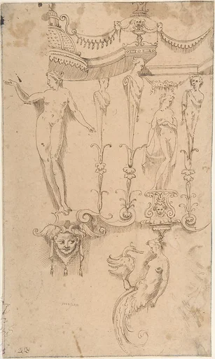 Studies for Grotesque Decorations (Recto); Small Sketches and Writing (Verso)