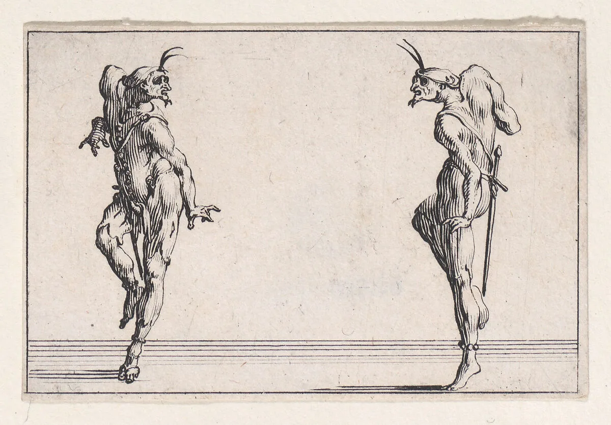 Les Deux Pantalons se Regardant (Men in Pantsuits Looking at Each Other), from Les Caprices Series A, The Florence Set — Jacques Callot|Lorenzo de' Medici