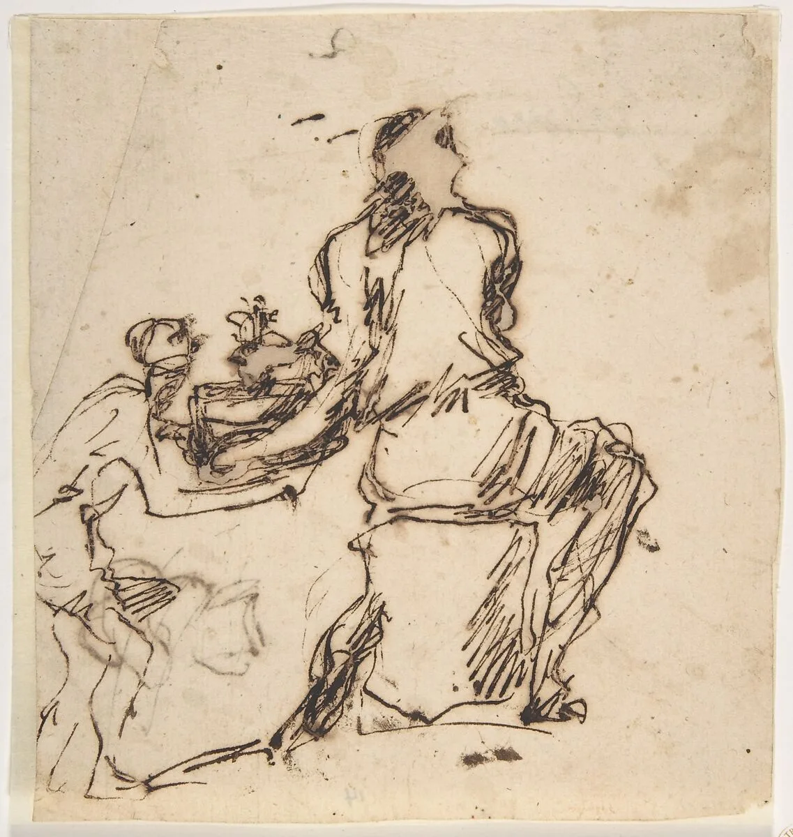 Seated Figure Receiving an Object Presented by a Smaller Figure — Micco Spadaro (Domenico Gargiulo)