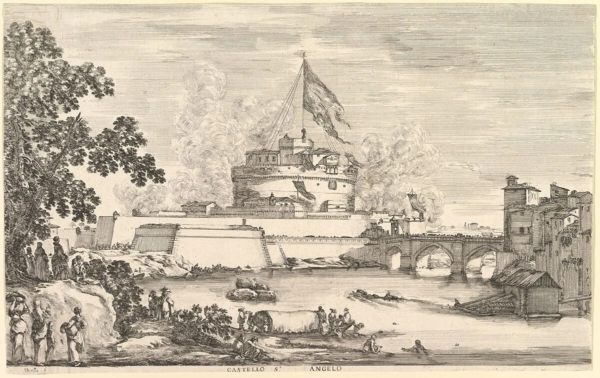 View of the Tiber river, a large tree to left, two groups of women to left in the foreground, a bridge leading to the Castello Sant'Angelo to left, above which a large flag is hoisted, clouds of gunsmoke to right and left of the castle — Stefano della Bella