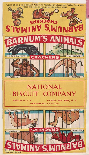 Barnum's Animals Crackers packaging featuring images of Black Panther, Alligator, Gorilla, Giraffe, Antelope, Camel, Walrus, Red Fox; part of the Barnums Animals series (D14), issued by the National Biscuit Company to promote their product, Barnum's Animals Crackers — National Biscuit Company