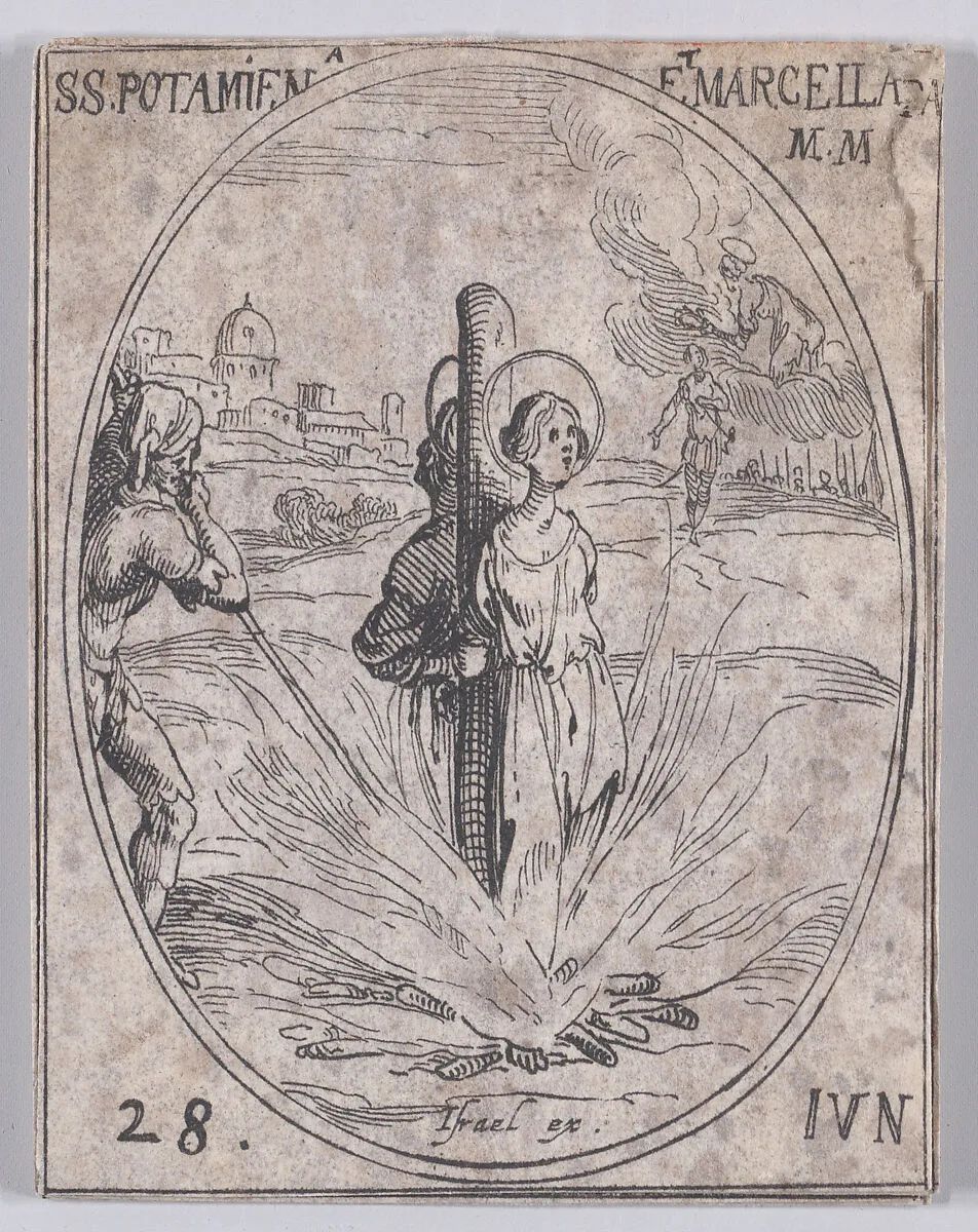 Ste. Potamienne et Ste. Marcelle, martyres (St. Potamiaena and St. Marcella, Martyrs), June 28th, from "Les Images De Tous Les Saincts et Saintes de L'Année" (Images of All of the Saints and Religious Events of the Year) — Israël Henriet|Jacques Callot