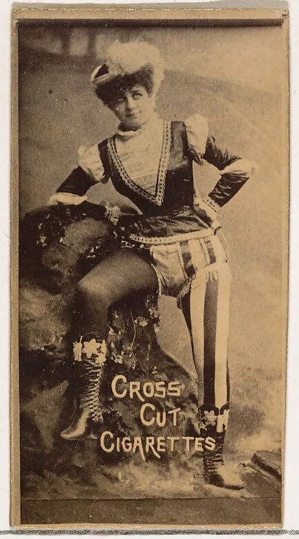 Actress posing on pile of boulders, from the Actors and Actresses series (N145-1) issued by Duke Sons & Co. to promote Cross Cut Cigarettes — W. Duke, Sons & Co.