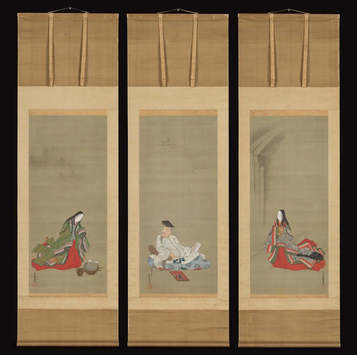 人麻呂 (中) ・ 伊勢 (右) ・ 小町 (左) 図|Portraits of Three Famous Poets: Hitomaro (M) ・Ise (R) ・Komachi (L) — Tosa Mitsunari 土佐光成|Tosa Mitsutaka 土佐光高|Tosa Mitsuoki 土佐光起