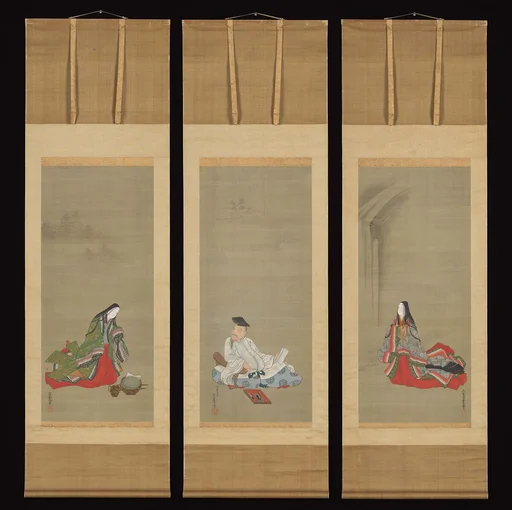 人麻呂 (中) ・ 伊勢 (右) ・ 小町 (左) 図|Portraits of Three Famous Poets: Hitomaro (M) ・Ise (R) ・Komachi (L)