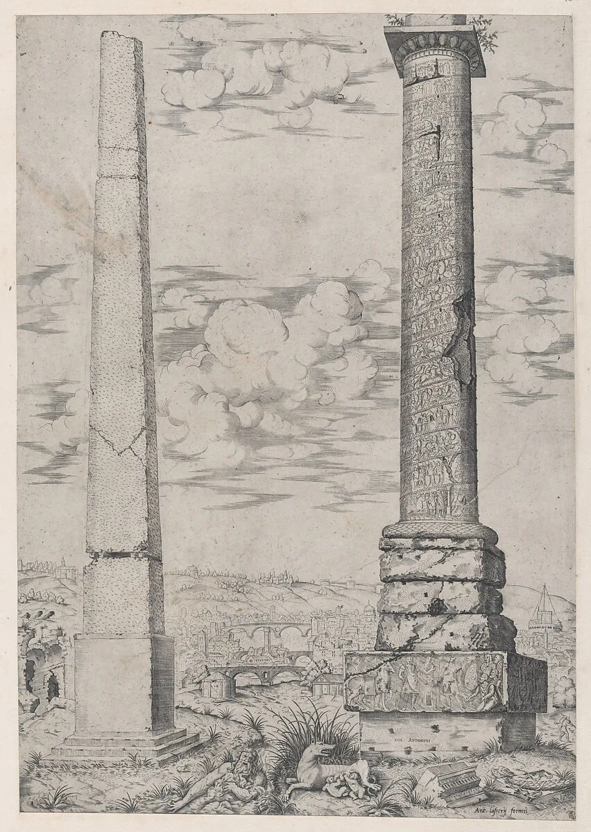 Speculum Romanae Magnificentiae: Column of Antoninus and a Roman Obelisk — Enea Vico|Anonymous, Italian, 16th century|Antonio Lafreri