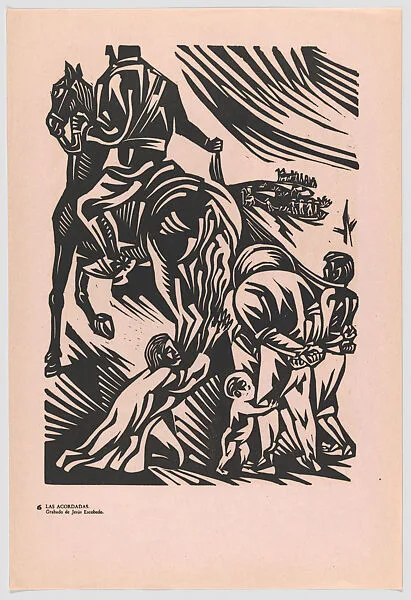 Plate 6: Mexicans being taken from their home and enslaved (result of 'The Agreements'), from the portfolio 'Estampas de la revolución Mexicana' (prints of the Mexican Revolution) — Jesús Escobedo|Taller de Gráfica Popular