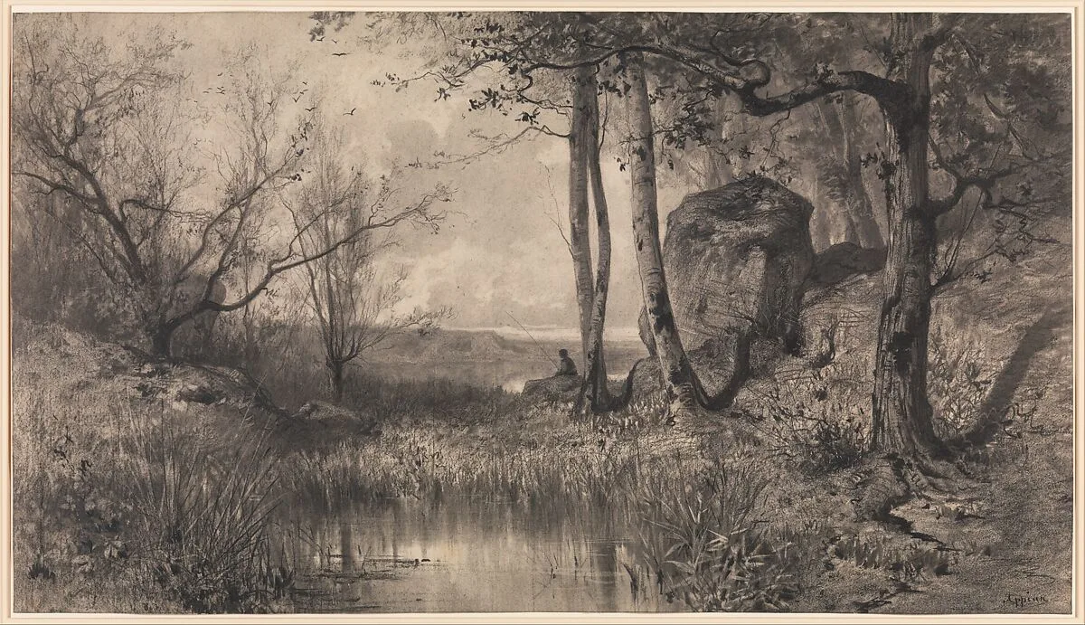 A Pond with a Fisherman along the River Ain — Adolphe Appian