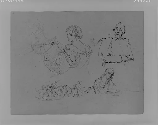 Woman Sketching; Two Women Reading; Portrait of a Man (after Van Dyke?); Half-length Female Portrait; Two Equestrian Figures Leading a Horse (from Sketchbook)