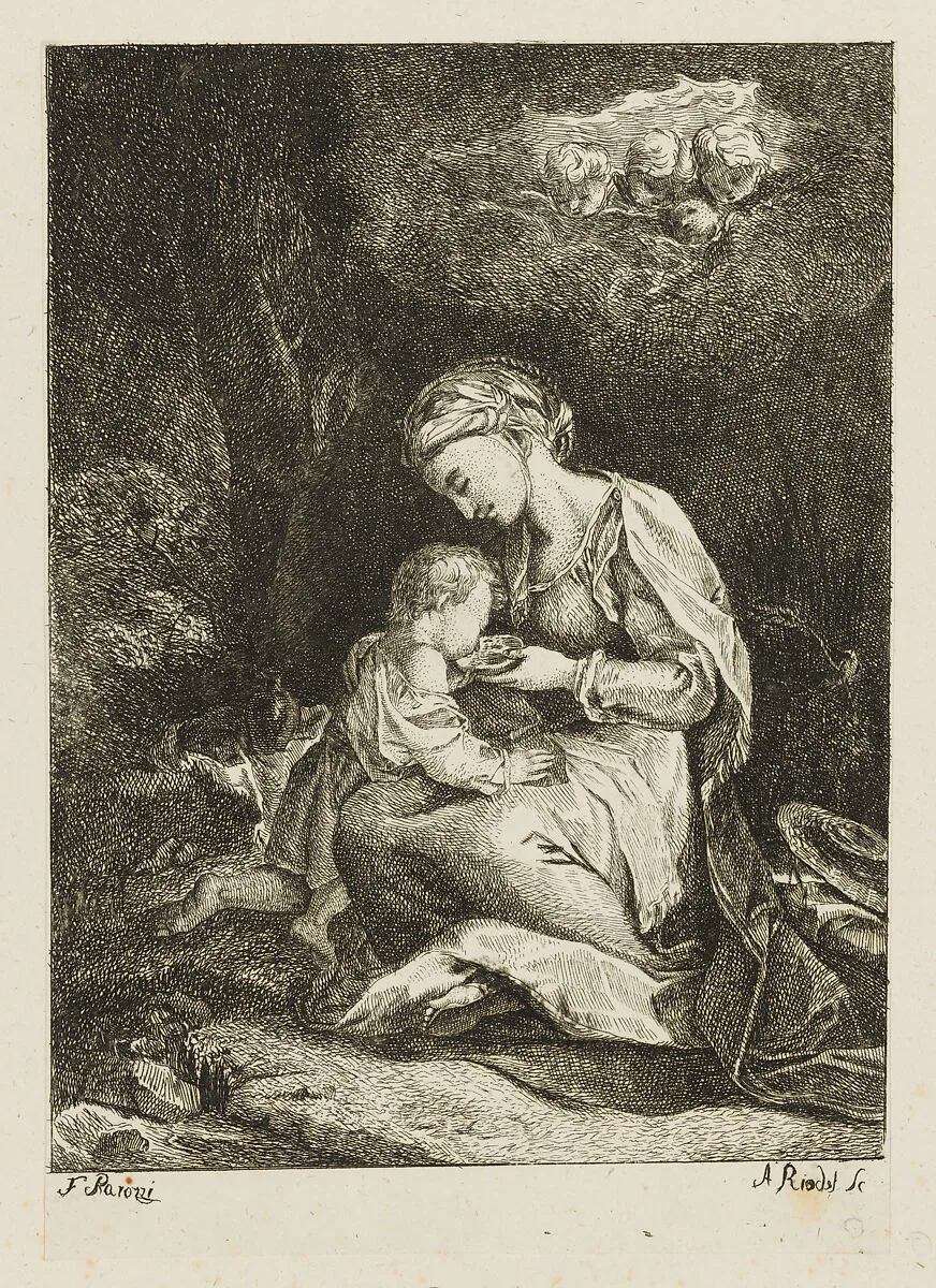 The Virgin and Christ Child in a rural landscape, with four putti gazing down through clouds, after Barocci — Johann Anton Riedel|Federico Barocci