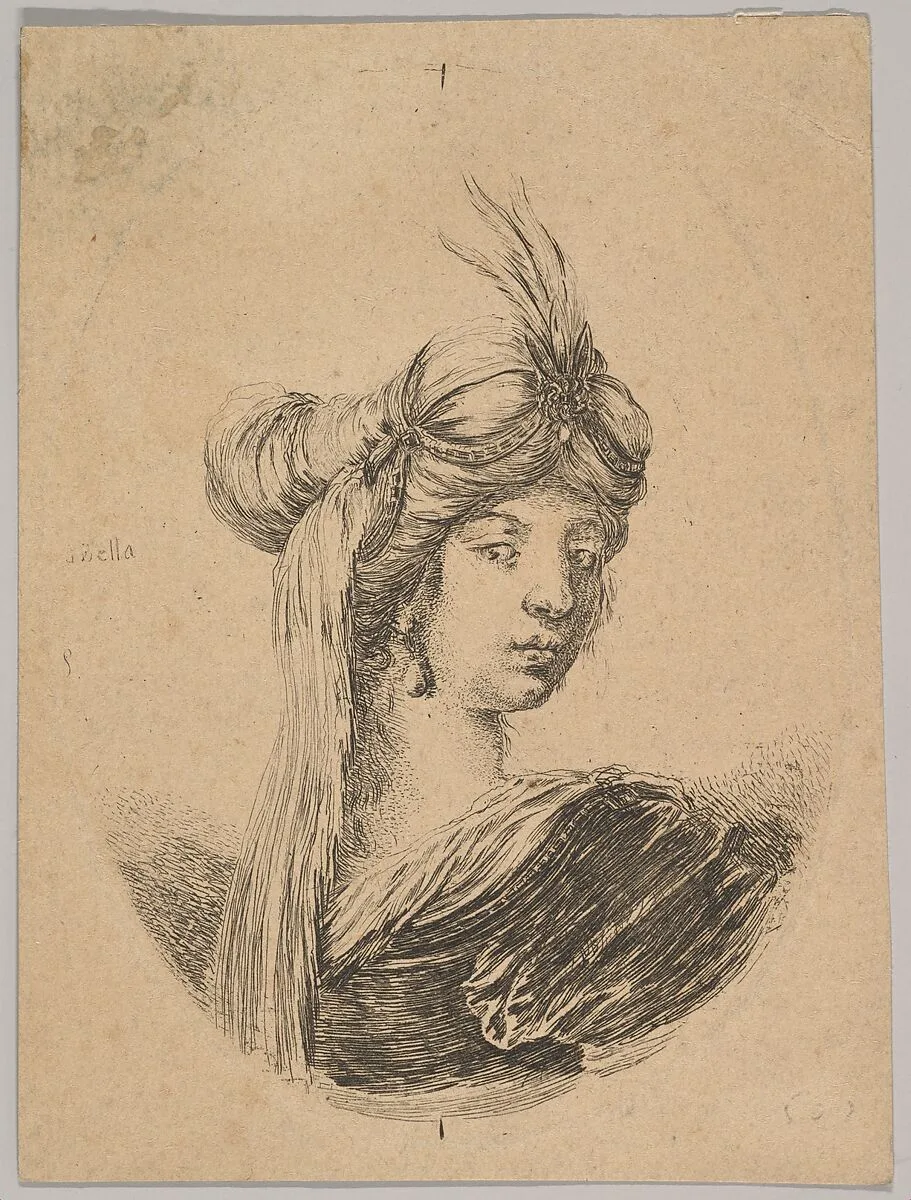A woman wearing an ornate turban with a veil, seen from behind and turned three-quarters to the right, an oval composition, from 'Several heads in the Persian style' (Plusieurs têtes coiffées à la persienne) — Stefano della Bella|Israël Henriet