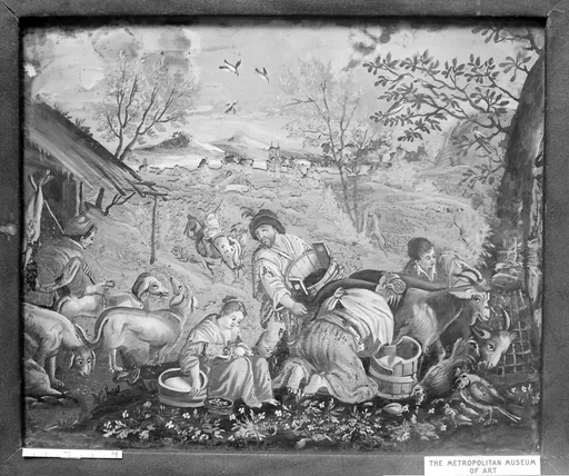 Bucolic scene in spring with goat milking (one of a pair)