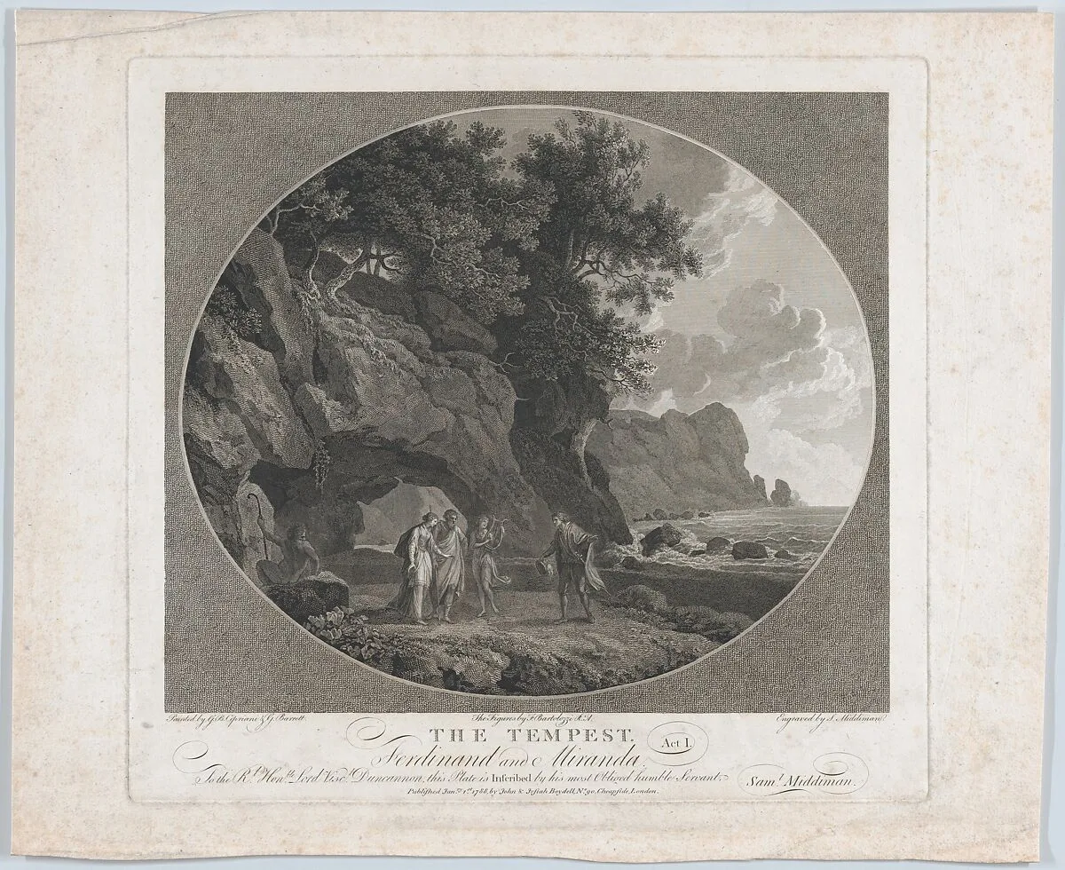 The Tempest, Act I: Ferdinand and Miranda — Giovanni Battista Cipriani|Samuel Middiman|Francesco Bartolozzi|George Barret, the elder|William Shakespeare|John & Josiah Boydell