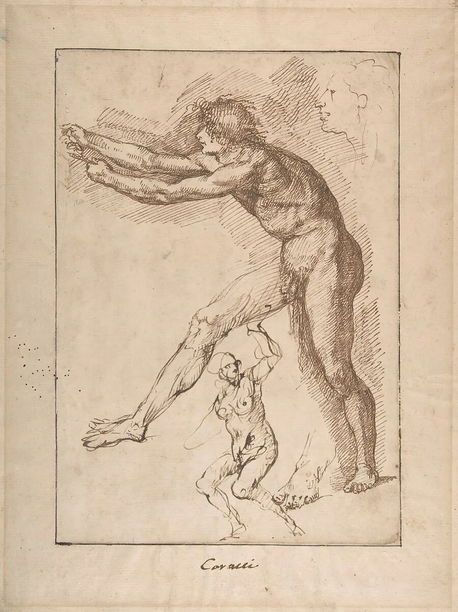 Studies of a Nude Male Figure — Anonymous, Italian, Roman-Bolognese, 17th century