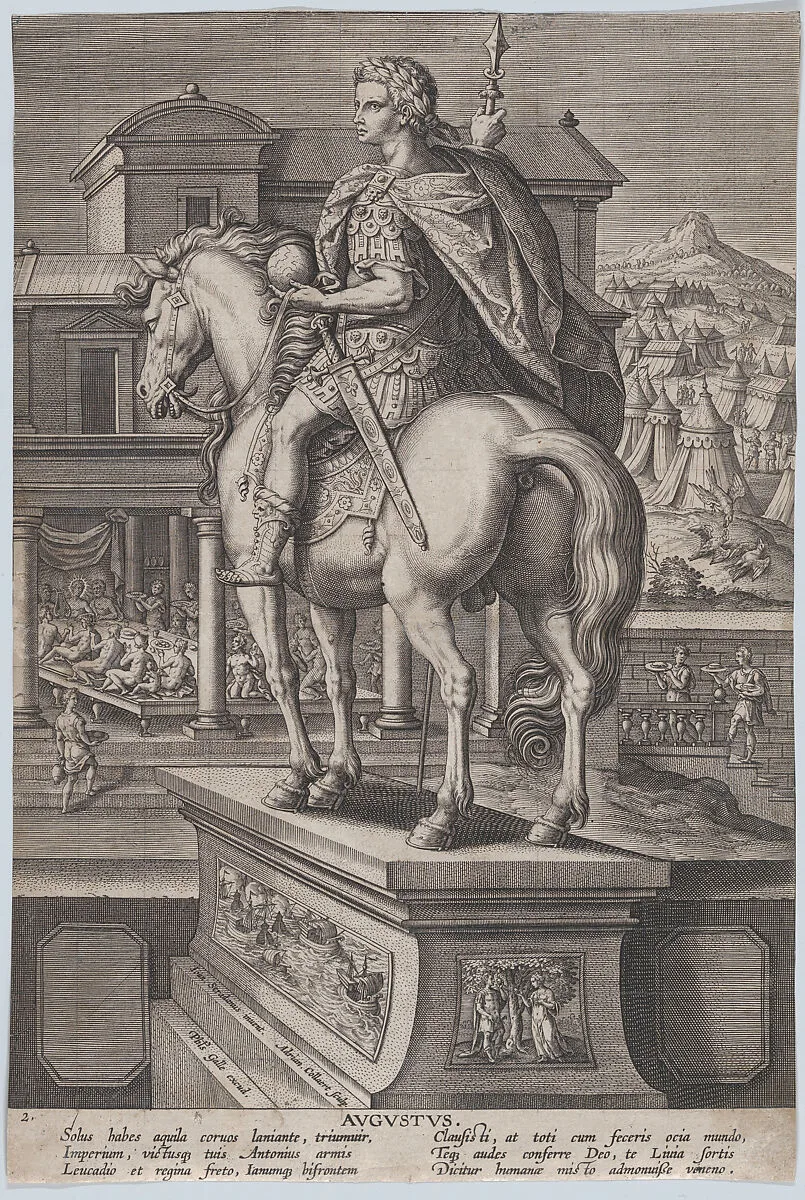 Plate 2: equestrian statue of Augustus, holding a globe and seen from behind, with a feast occurring at left in the background, from 'Roman Emperors on Horseback' — Adriaen Collaert|Philips Galle|Jan van der Straet, called Stradanus