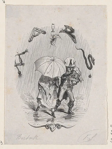 Woman and Man Carrying a Child, Walking in the Rain with an Umbrella — Charles-Albert Arnoux Bertall|Félix Leblanc