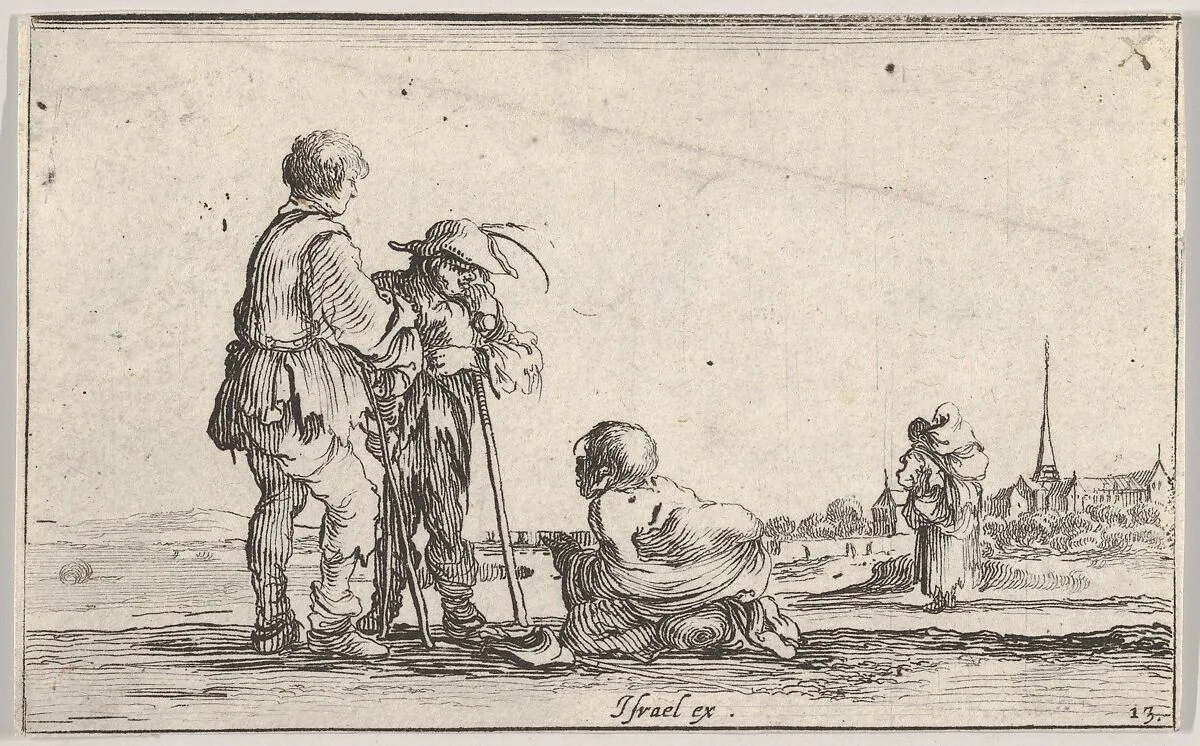 Plate 13: two peasants standing to left, a cripple kneeling on the ground in center, a woman carrying a child seen from behind to right in middleground, a church to right in background, from 'Caprice faict par de la Bella' — Stefano della Bella|Israël Henriet