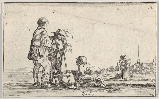 Plate 13: two peasants standing to left, a cripple kneeling on the ground in center, a woman carrying a child seen from behind to right in middleground, a church to right in background, from 'Caprice faict par de la Bella'