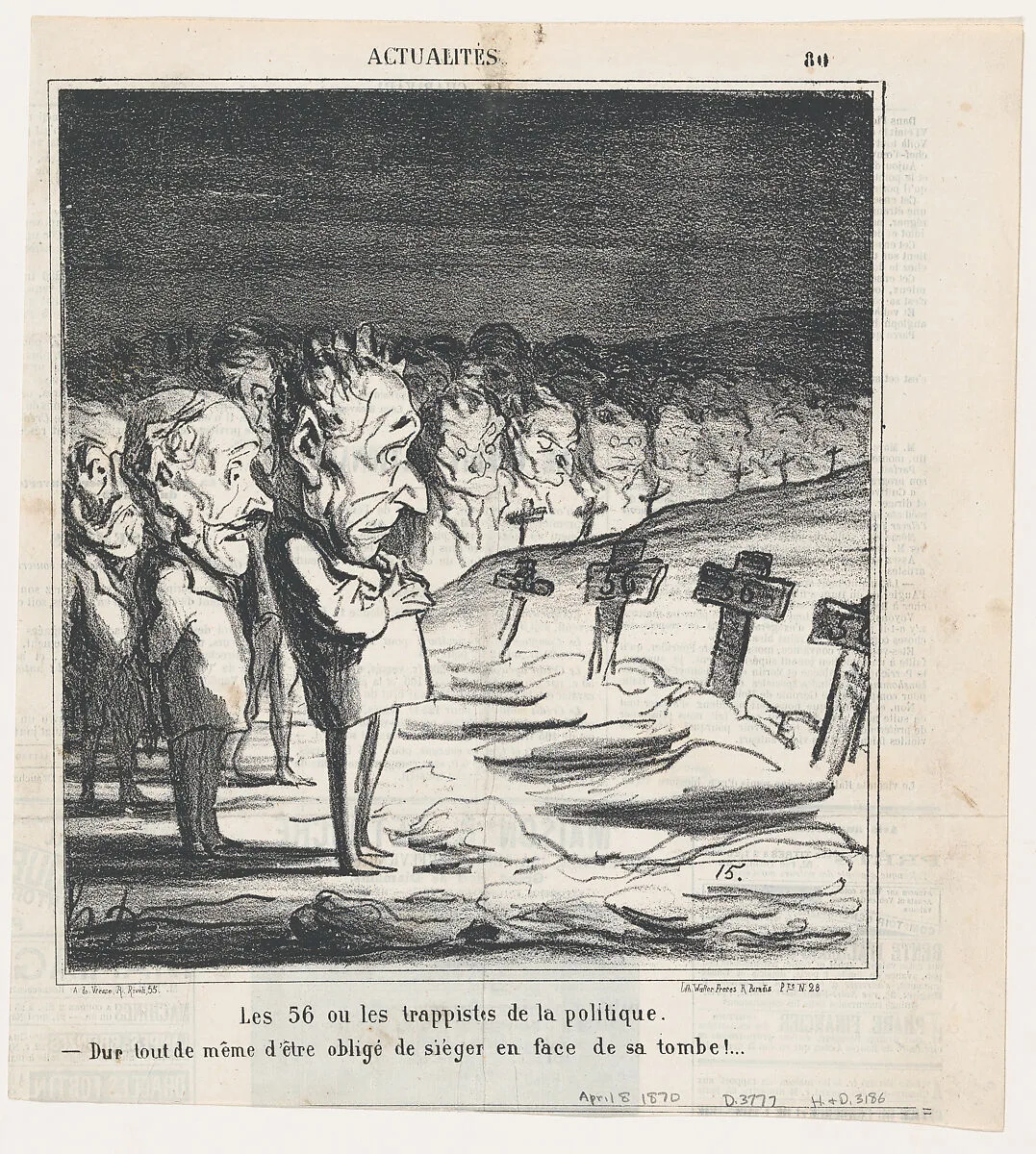 The 56, or the trappists of politics: –Tough to have a session in front of your own grave!, from 'News of the day,' published in Le Charivari, April 8, 1870 — Arnaud de Vresse|Honoré Daumier|Walter Frères