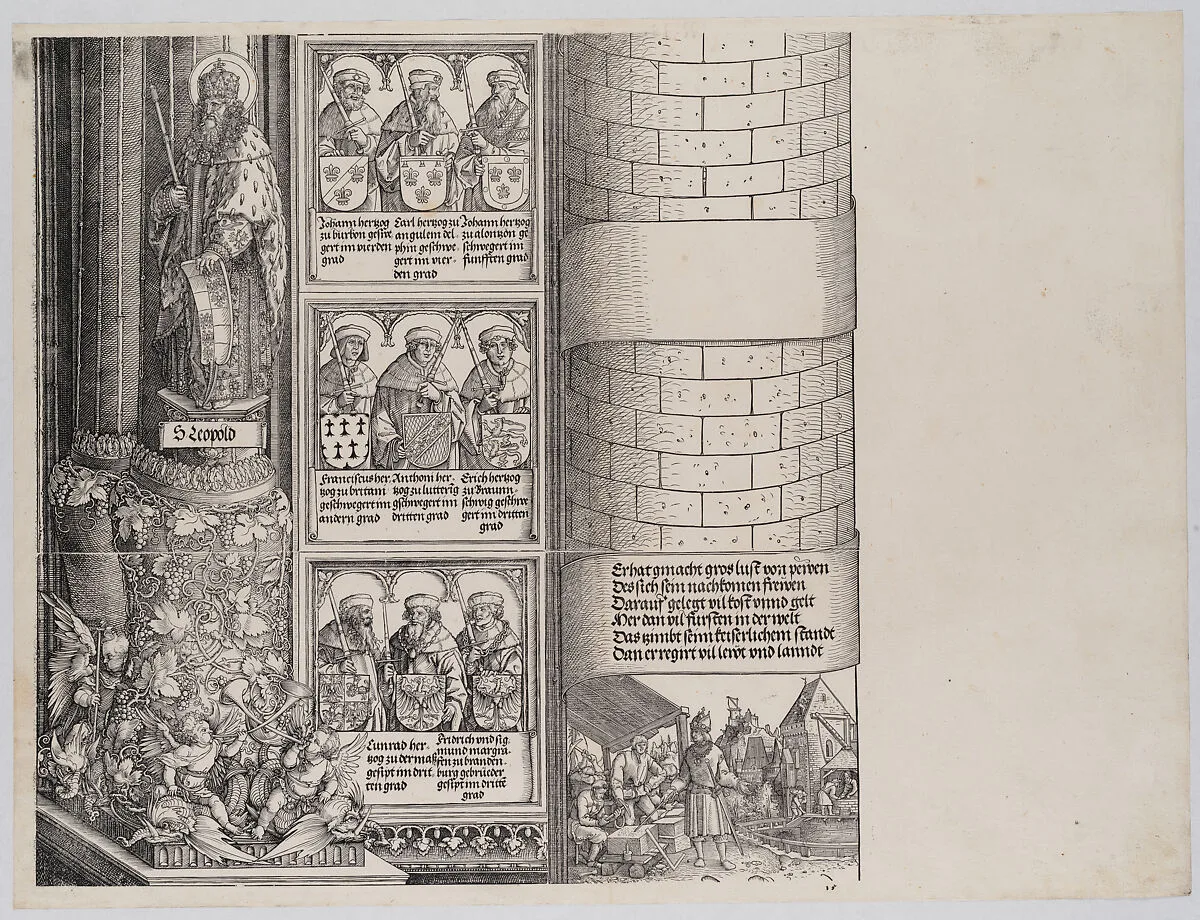 Maximilian as Architect; with a Statue of St. Leopold; and Busts of Maximilian's Ancestors and Relatives, from the Arch of Honor, proof, dated 1515, printed 1517-18 — Hans Springinklee|Albrecht Dürer|Albrecht Altdorfer|Hieronymus Andreae