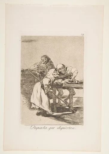 Plate 78 from "Los Caprichos": Be quick, they are waking up (Despacha, que dispiertan)