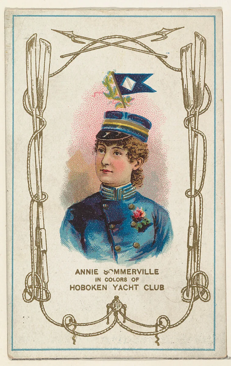 Annie Sommerville in Colors of Hoboken Yacht Club, from the Yacht Colors of the World series (N140) issued by Duke Sons & Co. to promote Honest Long Cut Tobacco — W. Duke, Sons & Co.