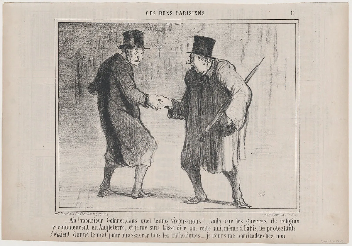 Ah! monsieur Gobinet, dans quel temps vivons-nous!..., from Ces Bons Parisiens, published in Le Charivari, Sepetember 23, 1857 — Aaron Martinet|Honoré Daumier|Destouches